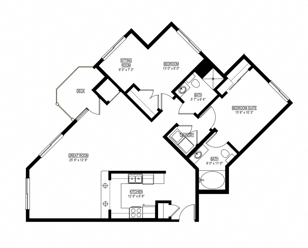 Floor plan for 2 beds, 2 baths, 1125 sqft
